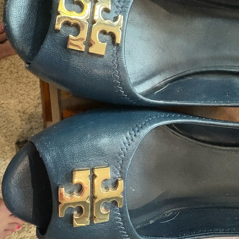 Tory Burch Dark Blue Peep-Toe Flats with Gold Logo